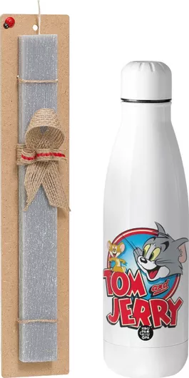 Πασχαλινή Λαμπάδα Τομ & Τζέρι Αρωματική Πλακέ Σετ με Μεταλλικό Παγούρι 500ml Γκρι