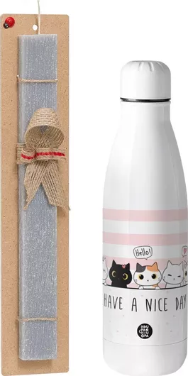 Πασχαλινή Λαμπάδα Koupakoupa Have A Nice Day Cats Αρωματική Πλακέ Σετ με Inox Παγούρι 700ml Γκρι