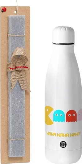 Πασχαλινή Λαμπάδα Koupakoupa Pacman Waka Waka Waka Αρωματική Πλακέ Σετ με Inox Παγούρι 700ml Γκρι