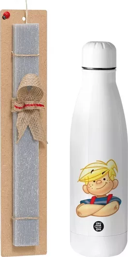 Πασχαλινή Λαμπάδα Koupakoupa Ντένις Ο Τρομερός Αρωματική Πλακέ Σετ με Inox Παγούρι 700ml Γκρι