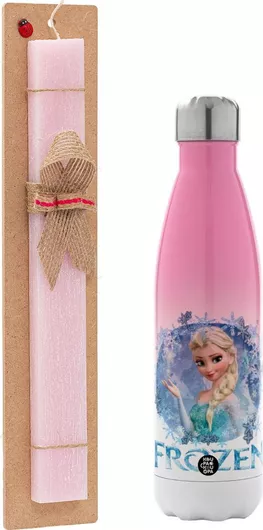 Πασχαλινή Λαμπάδα Frozen Elsa Πλακέ Σετ με Μεταλλικό Παγούρι Θερμός 500ml Ροζ