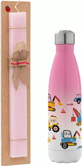 Πασχαλινή Λαμπάδα Hand Drawing Building Truck Πλακέ Σετ με Μεταλλικό Παγούρι Θερμός 500ml Ροζ