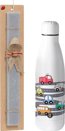 Πασχαλινή Λαμπάδα Hand Drawn Childish Set With Cars Πλακέ Σετ με Inox Παγούρι Θερμός 500ml Γκρι