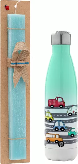 Πασχαλινή Λαμπάδα Hand Drawn Childish Set With Cars Πλακέ Σετ με Μεταλλικό Παγούρι Θερμός 500ml Τιρκουάζ