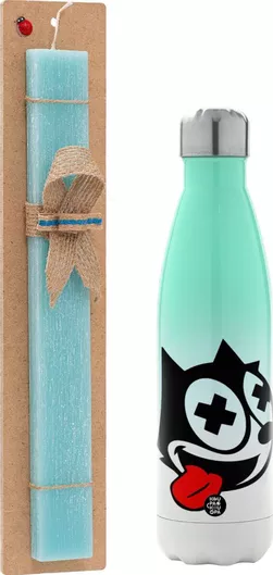 Πασχαλινή Λαμπάδα Helix The Cat Πλακέ Σετ με Μεταλλικό Παγούρι Θερμός 500ml Τιρκουάζ