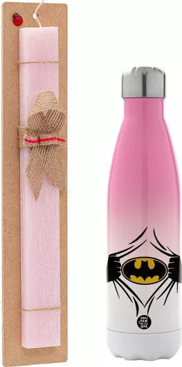Πασχαλινή Λαμπάδα Hero Batman Πλακέ Σετ με Μεταλλικό Παγούρι Θερμός 500ml Ροζ