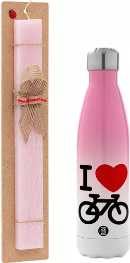 Πασχαλινή Λαμπάδα I love Bike Πλακέ Σετ με Μεταλλικό Παγούρι Θερμός 500ml Ροζ