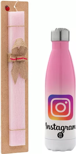 Πασχαλινή Λαμπάδα Instagram Πλακέ Σετ με Μεταλλικό Παγούρι Θερμός 500ml Ροζ