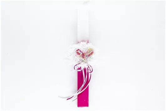 Πασχαλινή Λαμπάδα Χειροποίητη με Καρδιά & Πούπουλα Ροζ / Λευκό