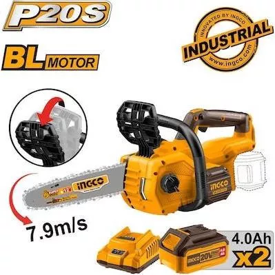 Ingco Li-ion Αλυσοπρίονο Μπαταρίας 2x4Ah Brushless 20V 6.5kg με Λάμα 30cm