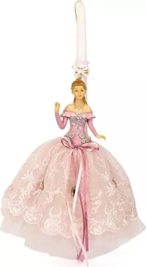 Πασχαλινή Λαμπάδα Γέραλης Κούκλα με Ροζ Φόρεμα Λευκό