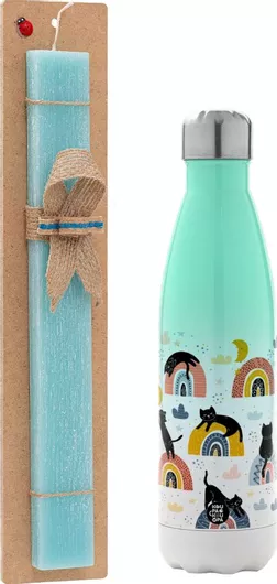 Πασχαλινή Λαμπάδα Γατούλες Αρωματική Πλακέ με Μεταλλικό Παγούρι 500ml Τιρκουάζ