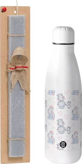 Πασχαλινή Λαμπάδα Ιπποπόταμος Αρωματική Πλακέ με Inox Παγούρι 500ml Γκρι