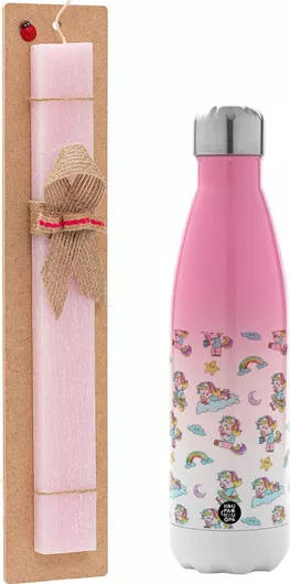 Πασχαλινή Λαμπάδα Unicorn Pattern Αρωματική Πλακέ με Μεταλλικό Παγούρι 500ml Ροζ