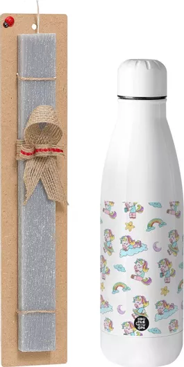 Πασχαλινή Λαμπάδα Unicorn Pattern Αρωματική Πλακέ με Inox Παγούρι 500ml Γκρι