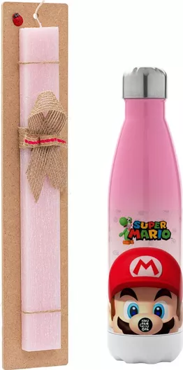 Πασχαλινή Λαμπάδα Super Mario Αρωματική Πλακέ με Μεταλλικό Παγούρι 500ml Ροζ