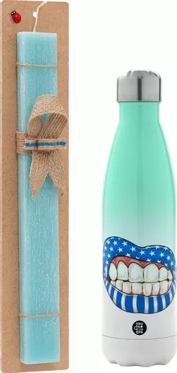 Πασχαλινή Λαμπάδα Ελληνική Σημαία Lips Αρωματική Πλακέ με Μεταλλικό Παγούρι 500ml Τιρκουάζ