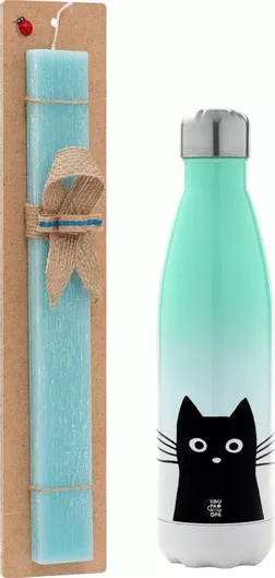 Πασχαλινή Λαμπάδα Μαύρο Γάτα Αρωματική Πλακέ με Μεταλλικό Παγούρι 500ml Τιρκουάζ