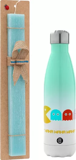 Πασχαλινή Λαμπάδα Pacman Waka Waka Waka Αρωματική Πλακέ με Μεταλλικό Παγούρι 500ml Τιρκουάζ