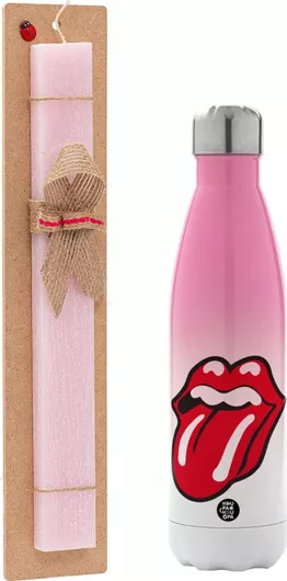 Πασχαλινή Λαμπάδα Rolling Stones Kiss Αρωματική Πλακέ με Μεταλλικό Παγούρι 500ml Ροζ