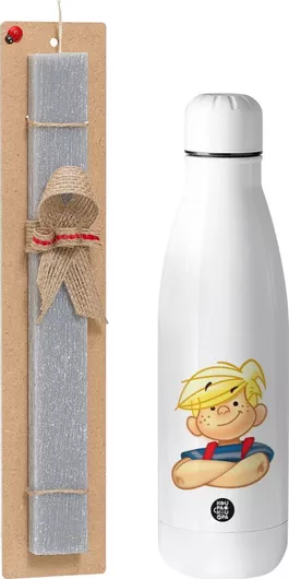 Πασχαλινή Λαμπάδα Ντένις Ο Τρομερός Αρωματική Πλακέ με Inox Παγούρι 500ml Γκρι