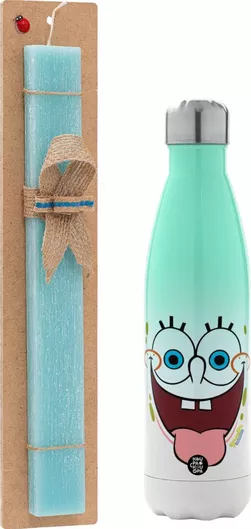 Πασχαλινή Λαμπάδα Μπομπ Σφουγγαράκης Χαμόγελο Αρωματική Πλακέ με Μεταλλικό Παγούρι 500ml Τιρκουάζ