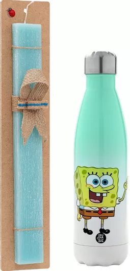 Πασχαλινή Λαμπάδα Μπομπ Σφουγγαράκης Character Αρωματική Πλακέ με Μεταλλικό Παγούρι 500ml Τιρκουάζ