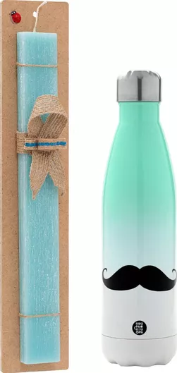 Πασχαλινή Λαμπάδα Μουστάκι Αρωματική Πλακέ με Μεταλλικό Παγούρι 500ml Τιρκουάζ