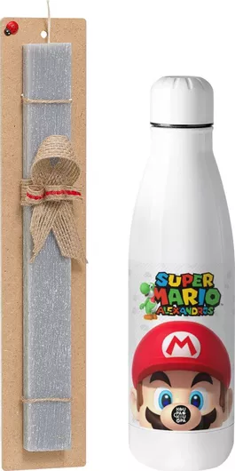 Πασχαλινή Λαμπάδα Super Mario Head Αρωματική Πλακέ με Inox Παγούρι 500ml Γκρι
