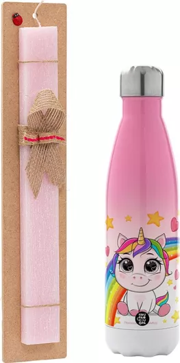 Πασχαλινή Λαμπάδα Unicorn Baby με Όνομα Αρωματική Πλακέ με Μεταλλικό Παγούρι 500ml Ροζ