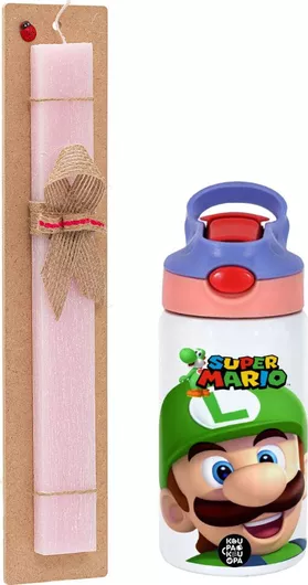Πασχαλινή Λαμπάδα Super Mario Luigi Αρωματική Πλακέ με Inox Παγούρι & Καλαμάκι Ασφαλείας 350ml Ροζ