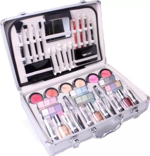 Βαλιτσάκι Μακιγιάζ για Πρόσωπο / Μάτια / Χείλη Μεταλλικό 37x27x10cm Ασημί