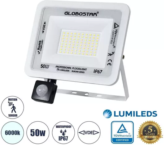 Επαγγελματικός Προβολέας LED GloboStar Aurora 50W 6250lm 120° AC 220-240V με Ενσωματωμένο Ρυθμιζόμενο Αισθητήρα Κίνησης Λευκό