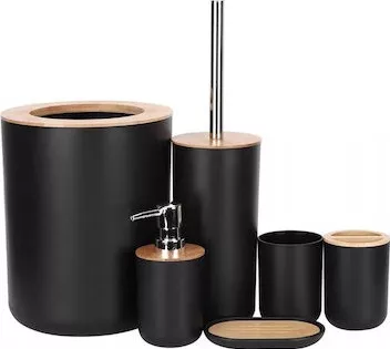 Σετ Αξεσουάρ Μπάνιου Πλαστικό Ξύλο Bamboo Μαύρο 6τμχ