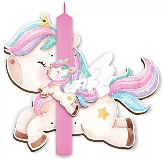 Πασχαλινή Λαμπάδα με Ξύλινη Βάση Unicorn Ροζ