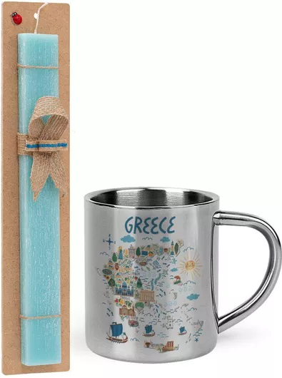 Πασχαλινή Λαμπάδα Χάρτης Ελλάδος Σετ με Μεταλλική Κούπα 300ml Αρωματική Τιρκουάζ