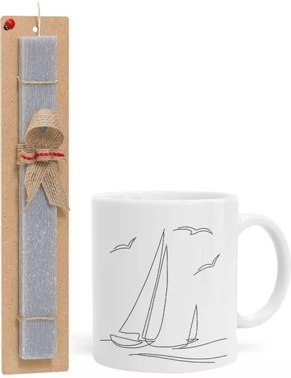 Πασχαλινή Λαμπάδα Ιστιοπλοΐα Sailing Σετ με Κούπα Κεραμική 330ml Αρωματική Γκρι