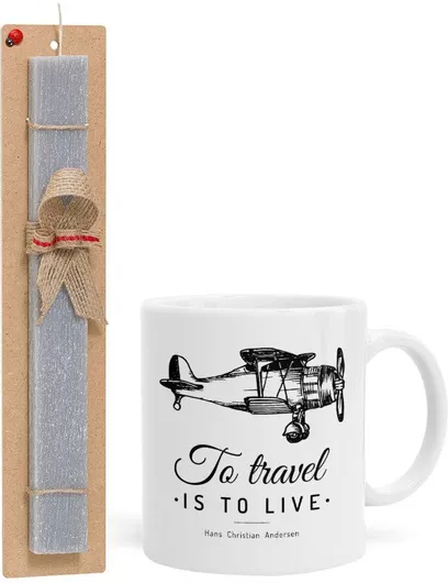 Πασχαλινή Λαμπάδα To Travel is to Live Σετ με Κούπα Κεραμική 330ml Αρωματική Γκρι