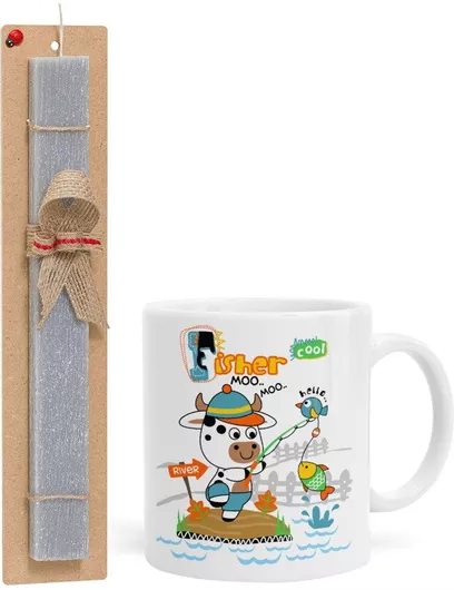 Πασχαλινή Λαμπάδα Ο Μικρός Ψαράς Σετ με Κούπα Κεραμική 330ml Αρωματική Γκρι