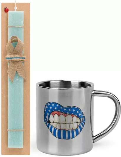 Πασχαλινή Λαμπάδα Ελληνική Σημαία Lips Σετ με Μεταλλική Κούπα 300ml Αρωματική Τιρκουάζ