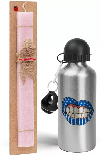 Πασχαλινή Λαμπάδα Ελληνική Σημαία Lips Σετ με Παγούρι Αλουμινίου 500ml Αρωματική Ροζ