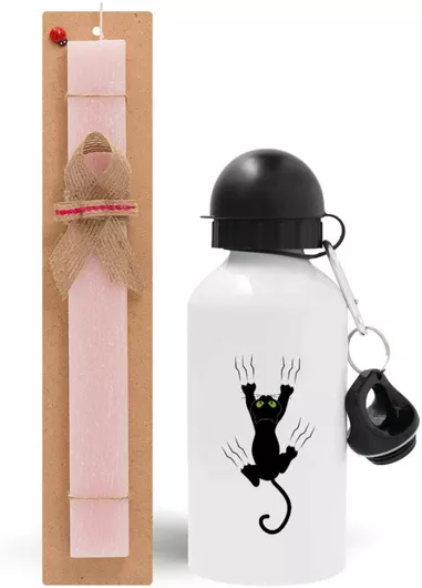 Πασχαλινή Λαμπάδα Γατούλα Γρατζουνιά Σετ με Παγούρι Αλουμινίου 500ml Αρωματική Ροζ