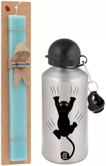 Πασχαλινή Λαμπάδα Γατούλα Γρατζουνιά Σετ με Παγούρι Αλουμινίου 500ml Αρωματική Τιρκουάζ