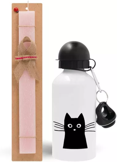 Πασχαλινή Λαμπάδα Μαύρο Γάτα Σετ με Παγούρι Αλουμινίου 500ml Αρωματική Ροζ