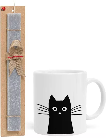 Πασχαλινή Λαμπάδα Μαύρο Γάτα Σετ με Κούπα Κεραμική 330ml Αρωματική Γκρι