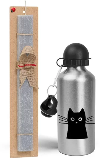 Πασχαλινή Λαμπάδα Μαύρο Γάτα Σετ με Παγούρι Αλουμινίου 500ml Αρωματική Γκρι