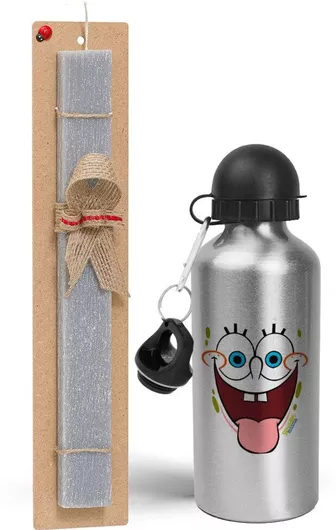 Πασχαλινή Λαμπάδα Μπομπ Σφουγγαράκης Χαμόγελο Σετ με Παγούρι Αλουμινίου 500ml Αρωματική Γκρι