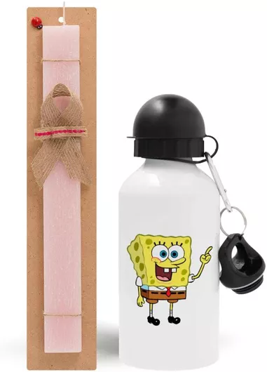 Πασχαλινή Λαμπάδα Μπομπ Σφουγγαράκης Character Σετ με Παγούρι Αλουμινίου 500ml Αρωματική Ροζ