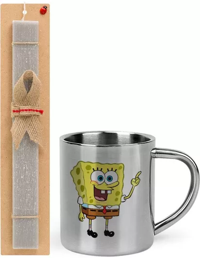 Πασχαλινή Λαμπάδα Μπομπ Σφουγγαράκης Character Σετ με Μεταλλική Κούπα 300ml Αρωματική Γκρι