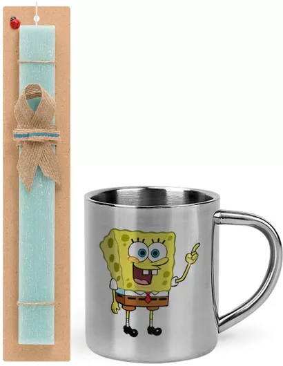 Πασχαλινή Λαμπάδα Μπομπ Σφουγγαράκης Character Σετ με Μεταλλική Κούπα 300ml Αρωματική Τιρκουάζ